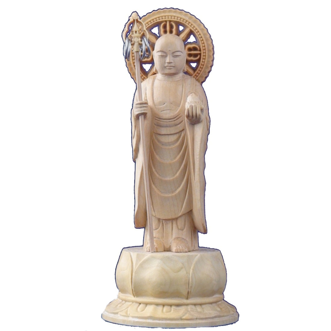 木彫仏像 地蔵菩薩立像身丈2.5寸円光背(容器）蓮台柘植　ツゲ