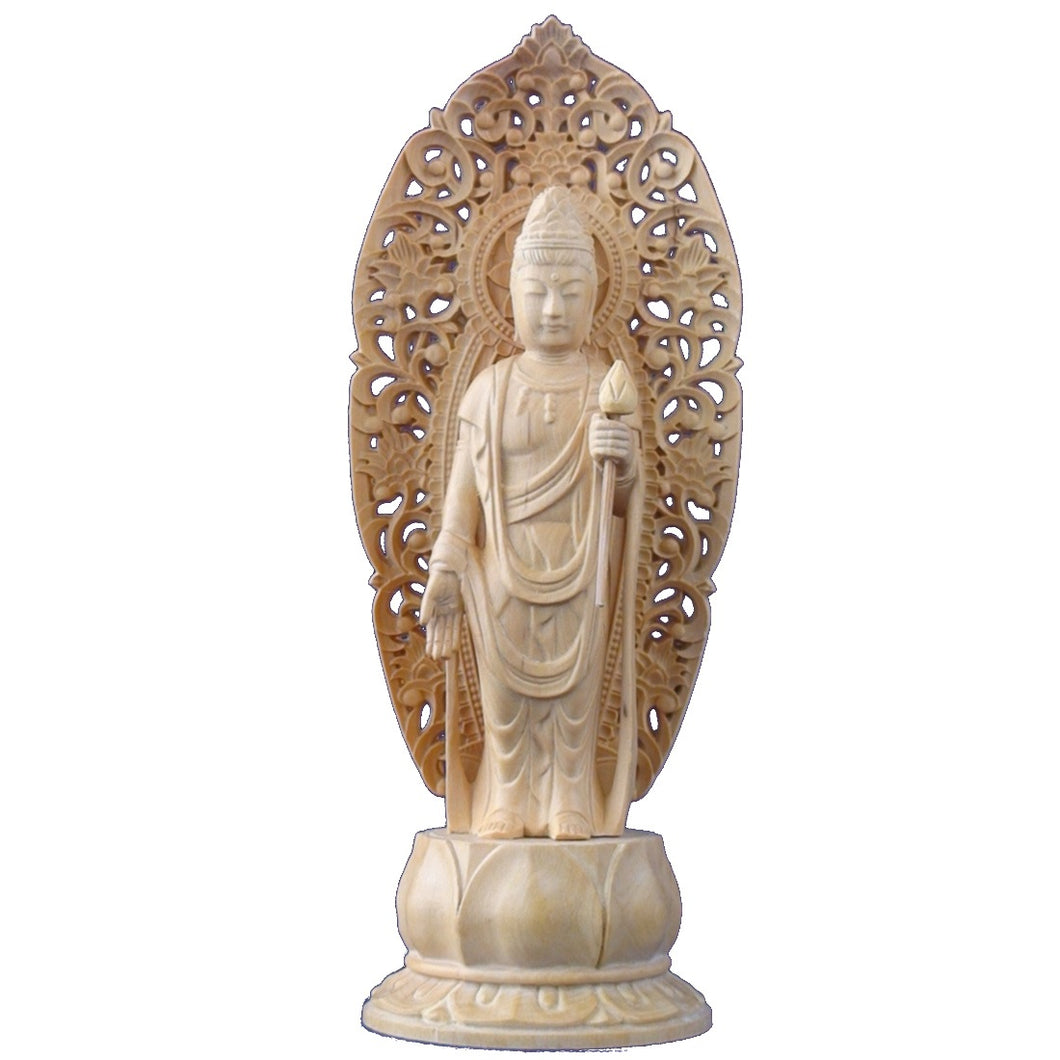 木彫仏像 聖観音菩薩立像身丈2.5寸草光背(容器）蓮台柘植　ツゲ