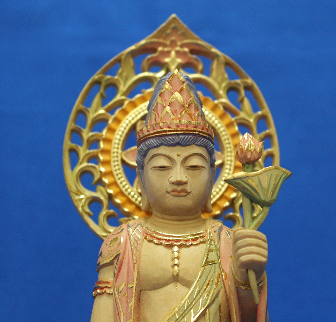 仏像 白木 丸台座 宝珠光背 聖観音 6.0寸 - 仏像