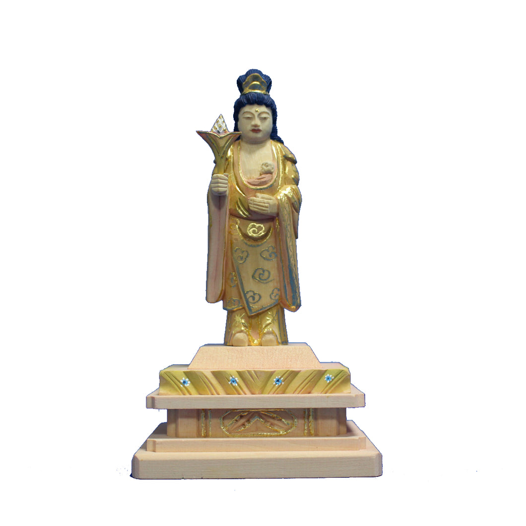 木彫仏像/鬼子母神（訶梨帝母）立像身丈3寸桧木淡彩色