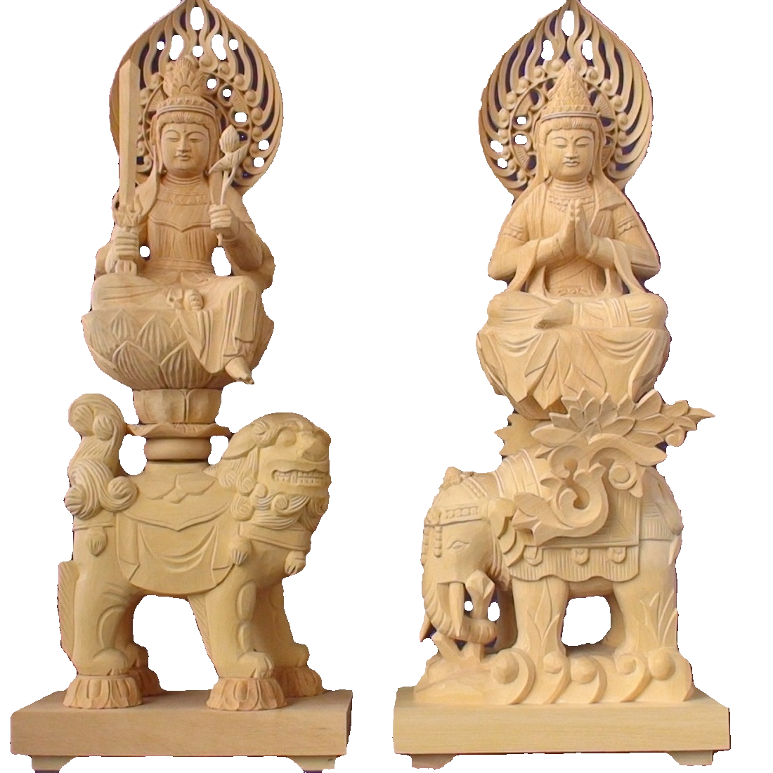 木彫仏像 文殊（獅子座）・普賢（象座合掌形）菩薩（２体１組）2.5寸