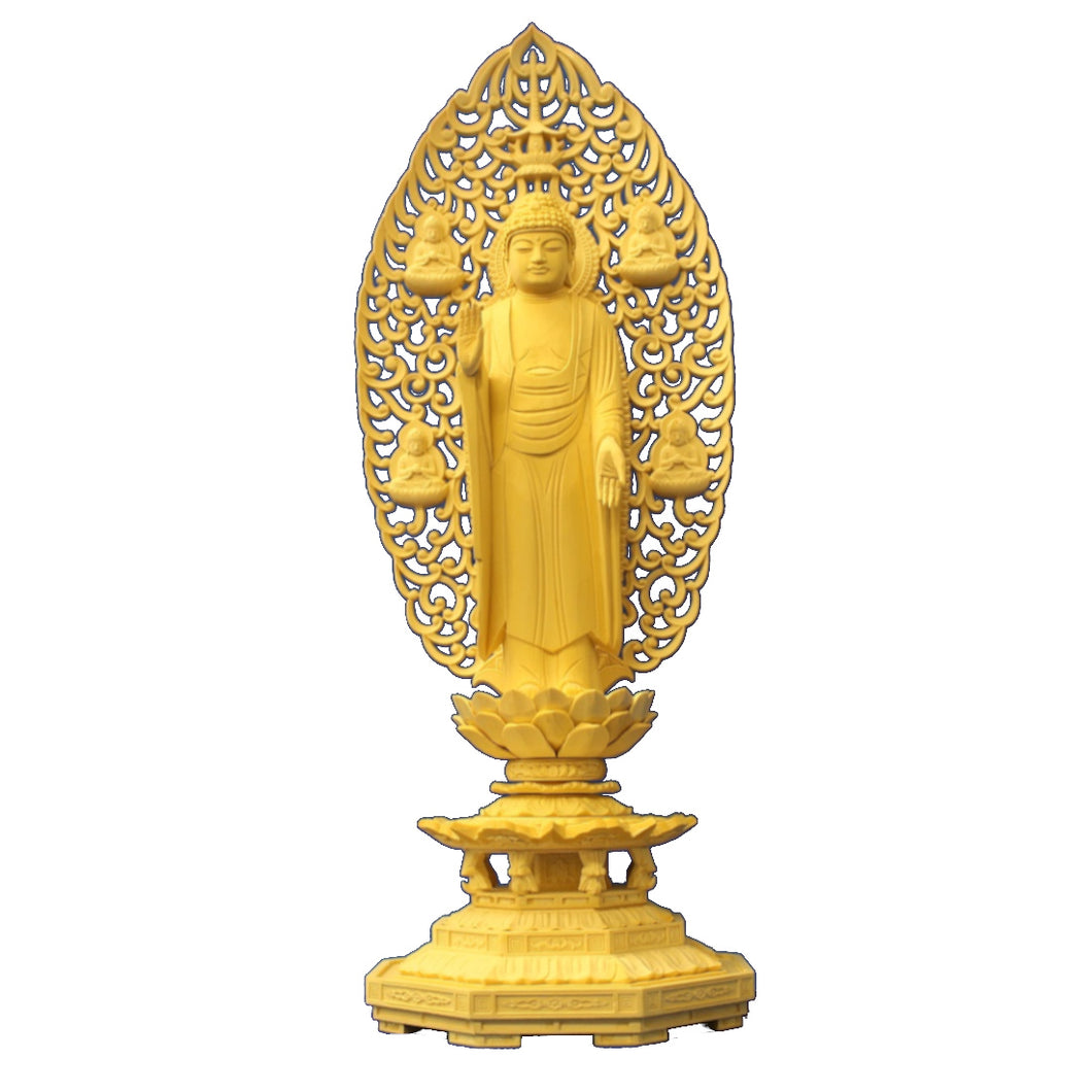 木彫仏像　釈迦如来立像(四菩薩光背)八角台6.0寸桧木(受注生産)